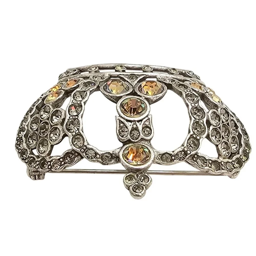 Anne Klein Silver Tone Crown Brooch, Smoky Vitrail Rhinestone Pin Signed, J303